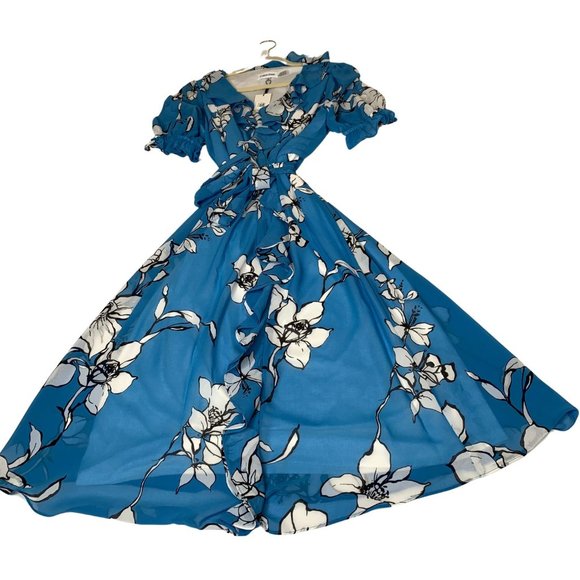 Calvin Klein Womens Floral Printed Chiffon Faux Wrap Dress Blue Size M NWT - Picture 10 of 13